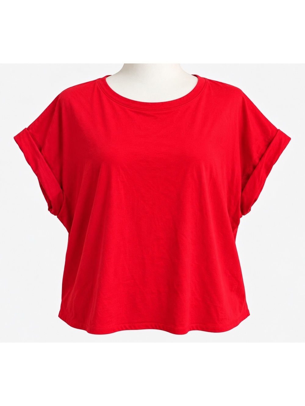 INC International Concepts Red 100% Cotton Boxy Tee Top Womenโs XXL Rolled Cuff